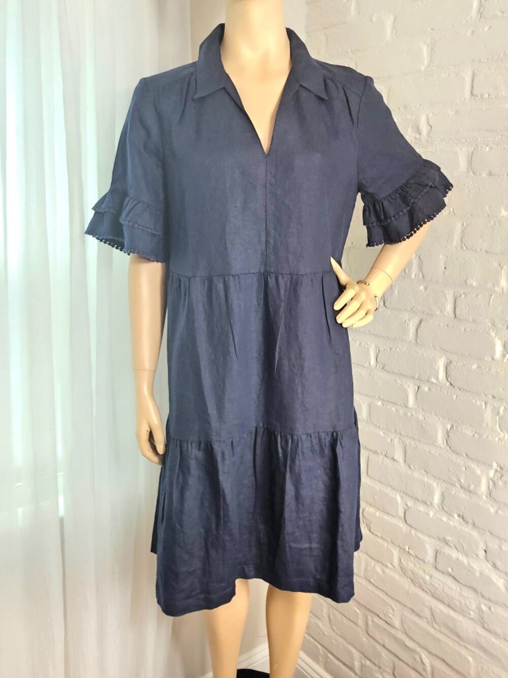 Chico's NWT Linen Tiered Dress Navy Ruffle Sleeve V-Neck Size 2 / US 12